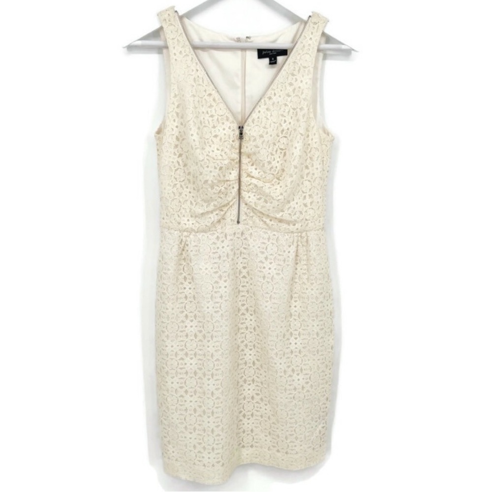 Julie Dillon white cream ecru lace overlay front zippered formal midi dress